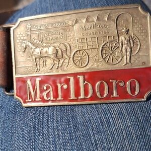 Marlboro Vintage Red and SOLID BRASS Belt Buckle On A Brown Leather Belt